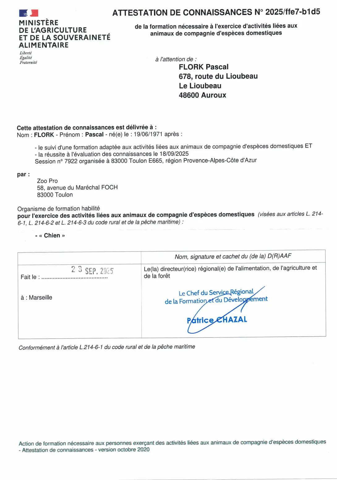 ACACED Attestation de Connaissances pour les Animaux de Compagnie d’Espèces Domestiques Pascal Flork