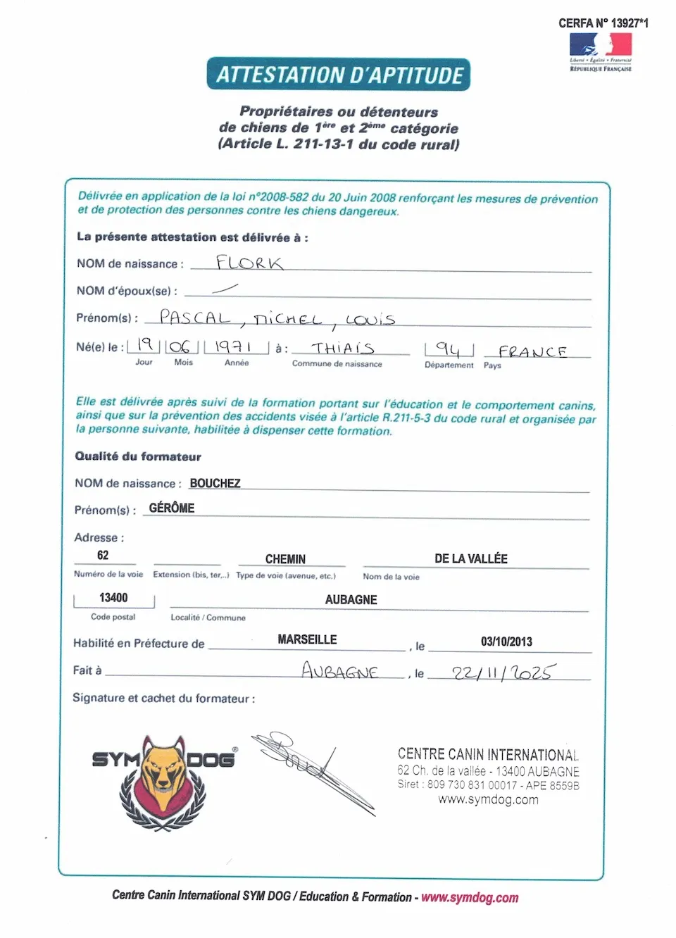 Pascal Flork aptitude à la détention de chien catégorisé.