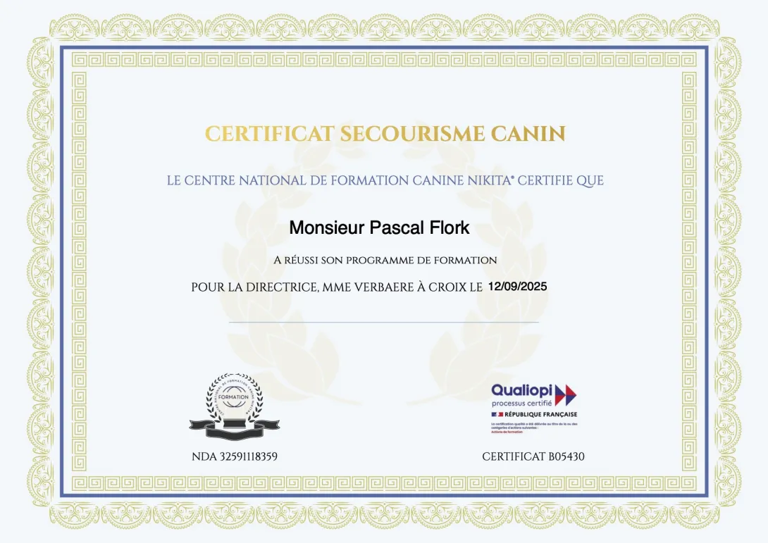 Certification secourisme canin Pascal Flork